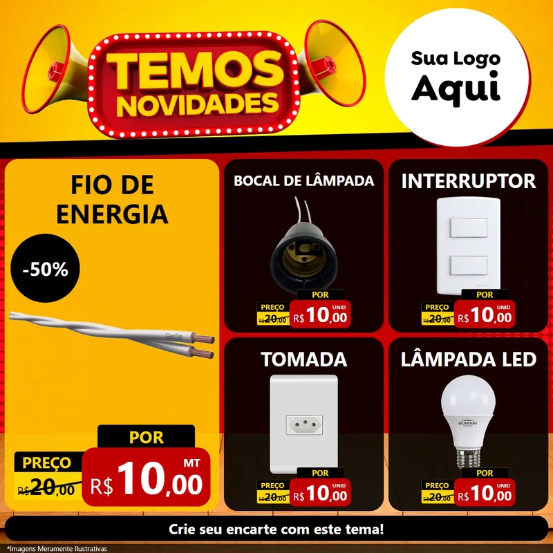 Modelo de Rede Social para Feed Facebook com o tema Temos Novidades para Materiais Elétricos