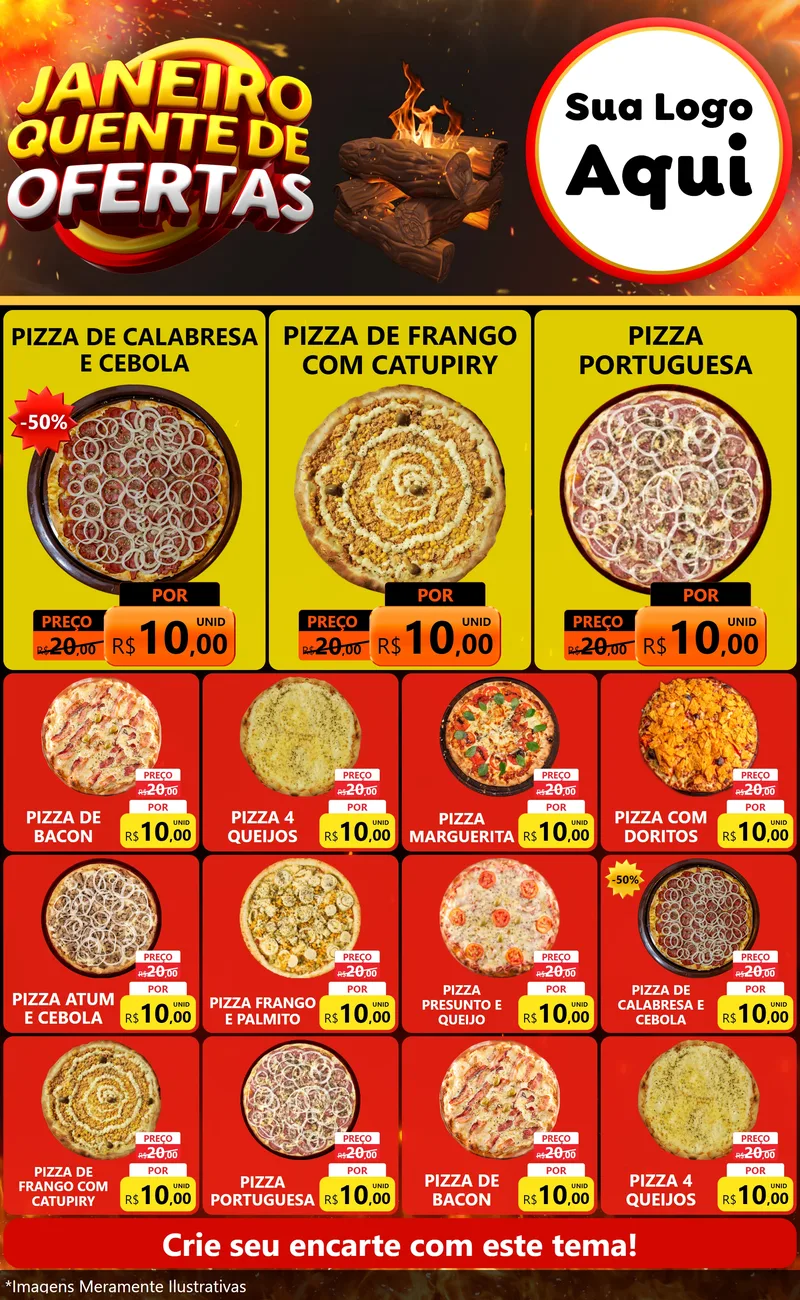 Modelo de Encarte para Encarte Grande com o tema Janeiro Quente de Ofertas para Pizzaria