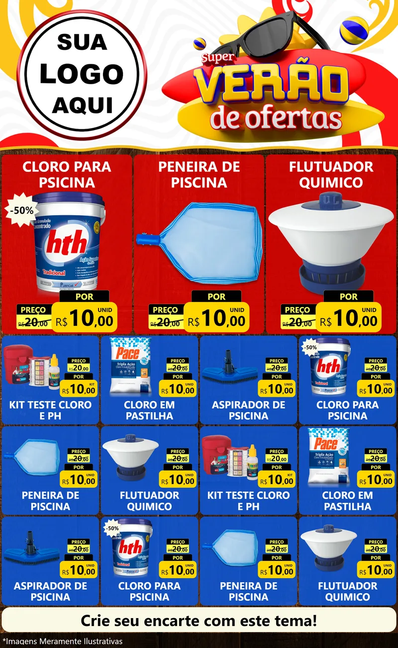 Modelo de Encarte para Encarte Grande com o tema Super Verão de Ofertas para Produtos para Piscina