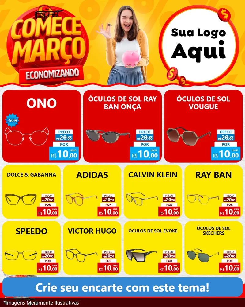 Modelo de Rede Social para Feed Instagram com o tema Comece Março Economizando para Óticas