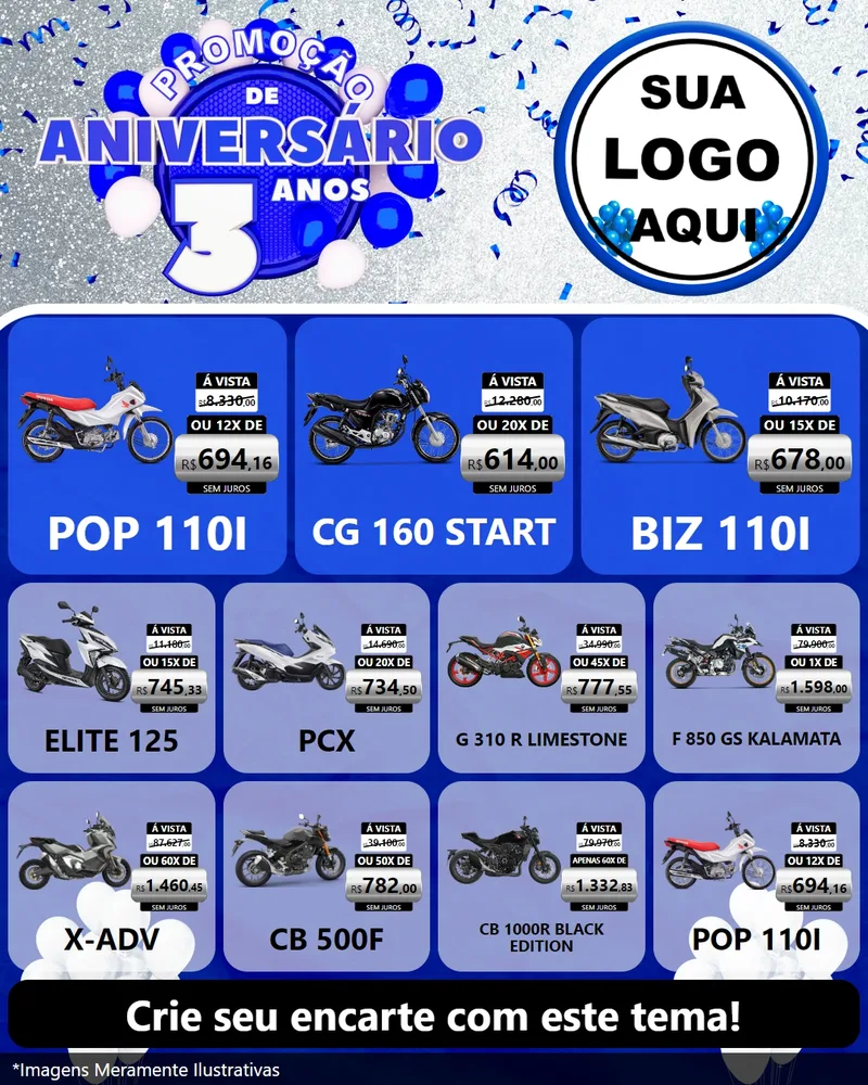 Modelo de Rede Social para Feed Instagram com o tema Promoção de Aniversário - 3 Anos para Concessionaria de Motos