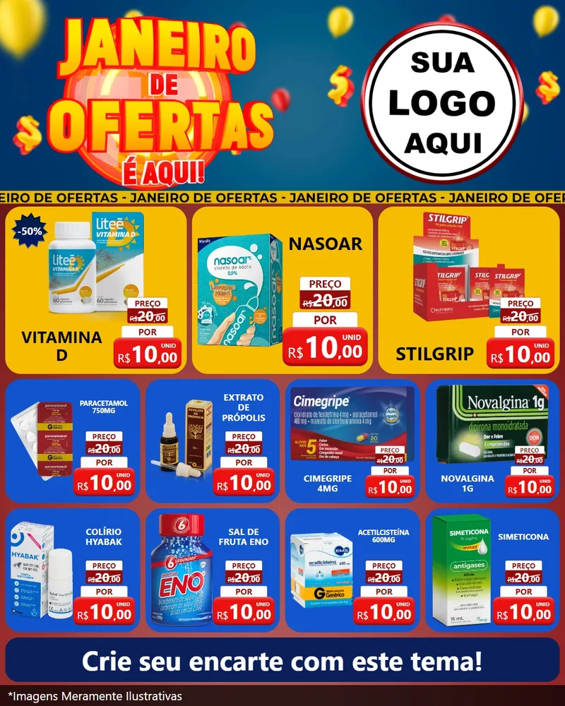Modelo de Rede Social para Feed Instagram com o tema Janeiro de Ofertas É Aqui! para Farmácia