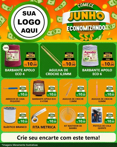 Modelo de Rede Social para Feed Instagram com o tema Comece Junho Economizando para Armarinho e Aviamentos