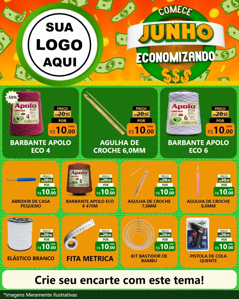 Modelo de Rede Social para Feed Instagram com o tema Comece Junho Economizando para Armarinho e Aviamentos