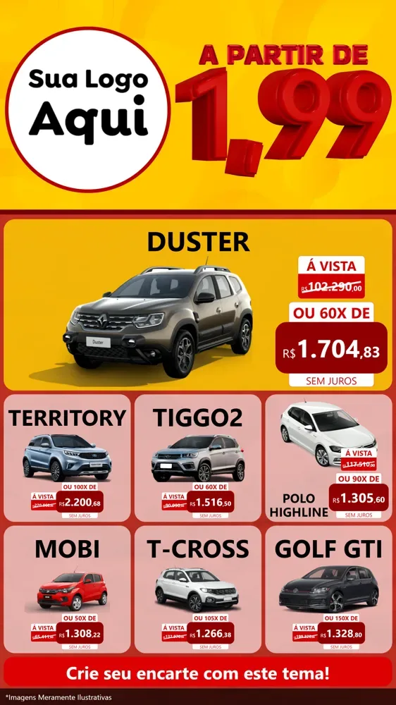 Modelo de Rede Social para Stories com o tema A Partir de Um e Noventa e Nove - 1,99 para Concessionaria de Carros