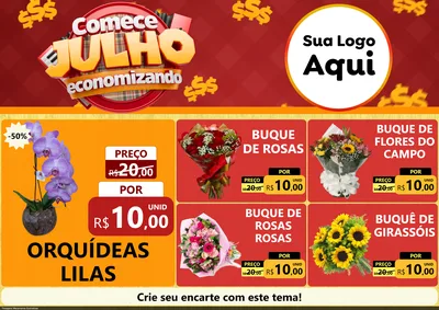 Modelo de Encarte para Encarte A4 Horizontal com o tema Comece Julho Economizando para Floricultura e jardim