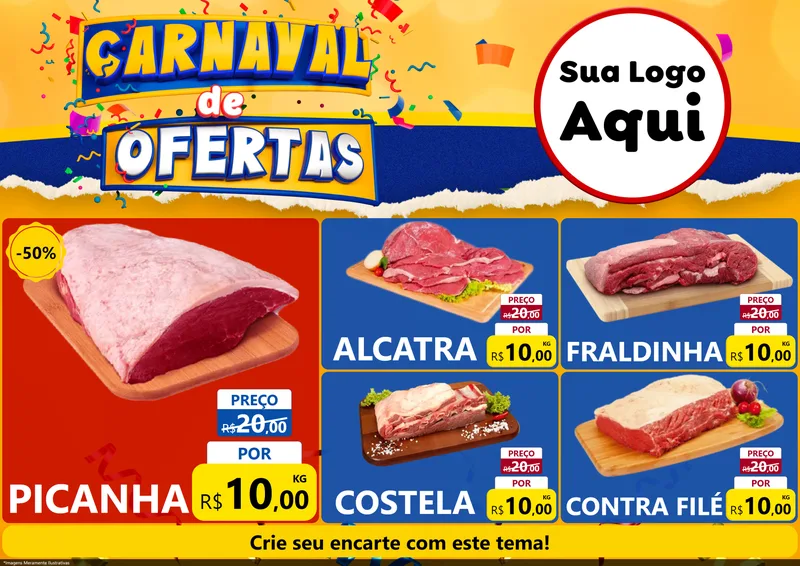 Modelo de Encarte para Encarte A4 Horizontal com o tema Carnaval de Ofertas para Açougue