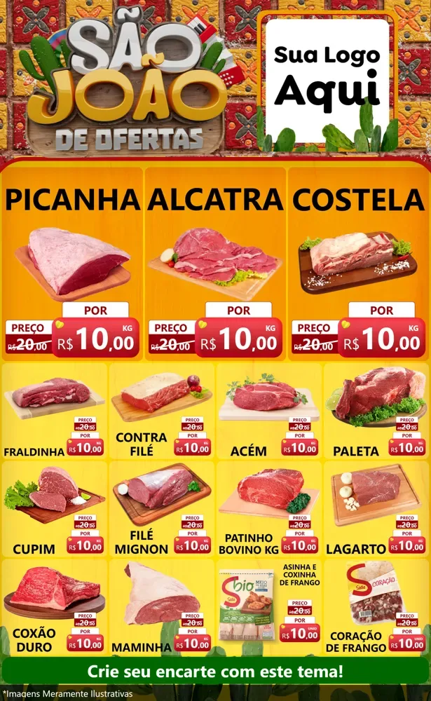 Modelo de Encarte para Encarte Grande com o tema São João de Muitas Ofertas - Junina para Açougue