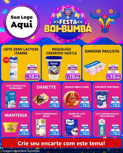 Modelo de Rede Social para Feed Instagram com o tema Festa Boi-Bumbá para Frios e Laticínios