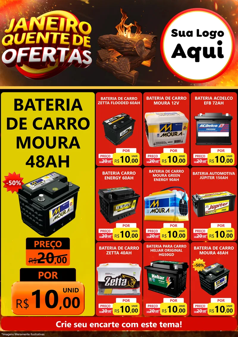 Modelo de Encarte para Encarte A4 Vertical com o tema Janeiro Quente de Ofertas para Baterias Elétricas