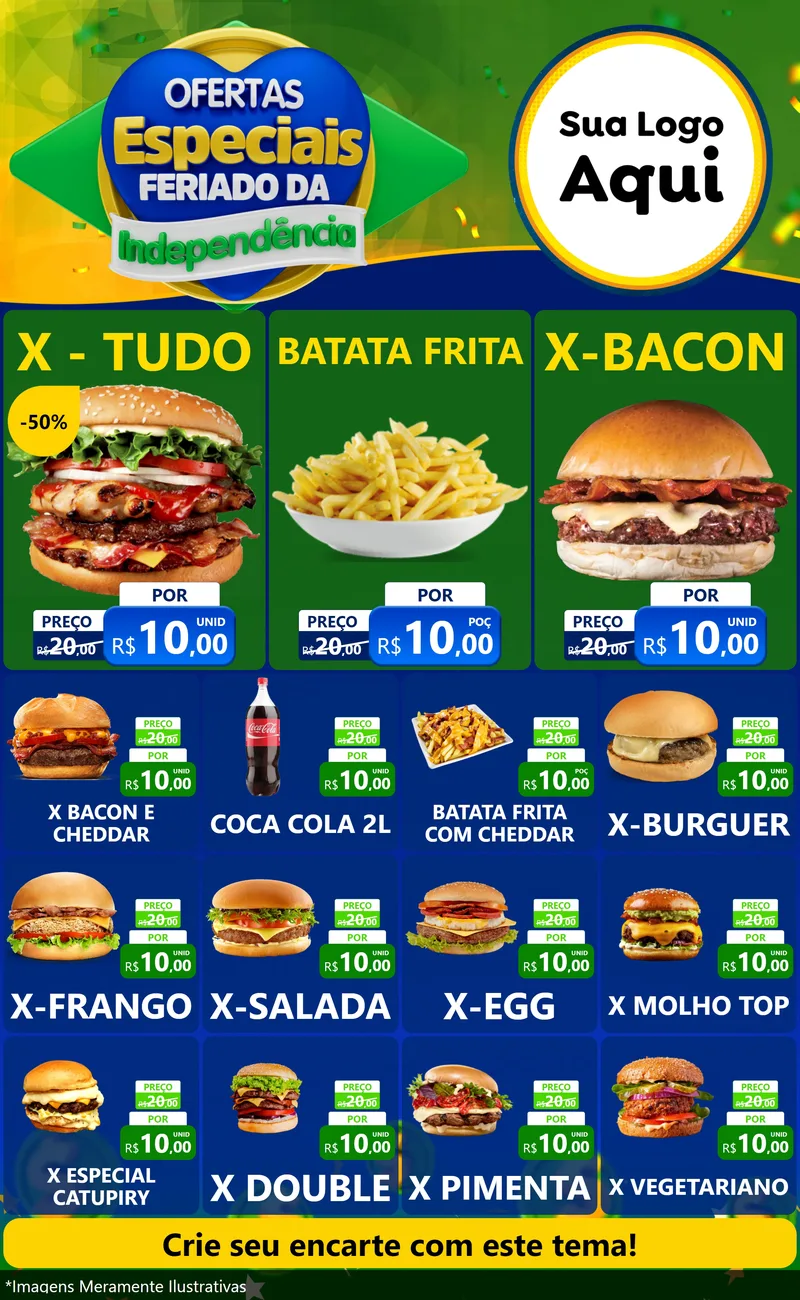 Modelo de Encarte para Encarte Grande com o tema Ofertas Especiais Feriado da Independência para Hamburgueria