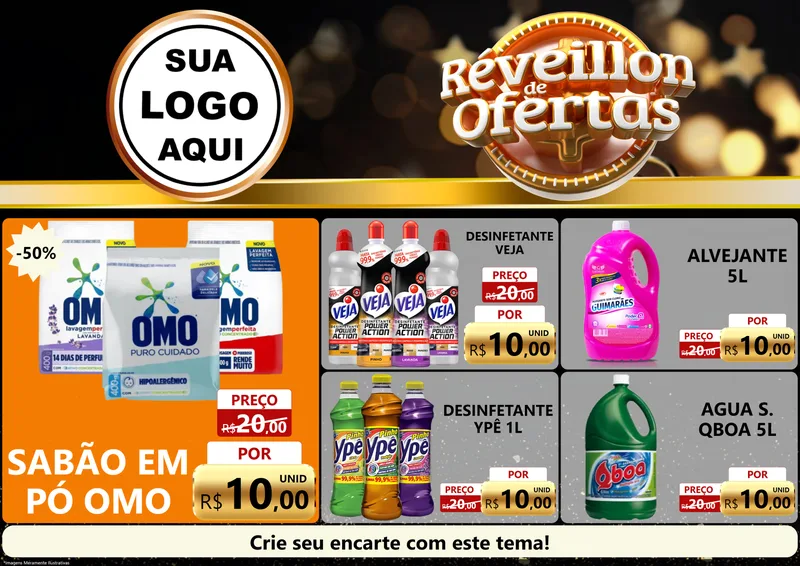 Modelo de Encarte para Encarte A4 Horizontal com o tema Réveillon de Ofertas para Produtos de Limpeza