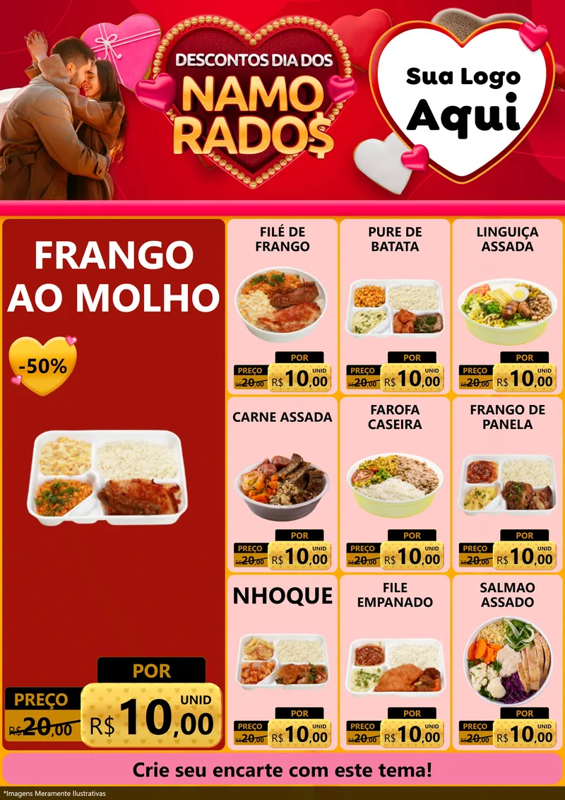 Modelo de Encarte para Encarte A4 Vertical com o tema Descontos Dia dos Namorados para Restaurante
