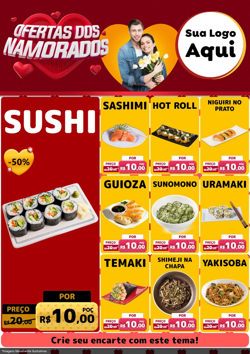 Modelo de Encarte para Encarte A4 Vertical com o tema Ofertas Dos Namorados para Comida japonesa