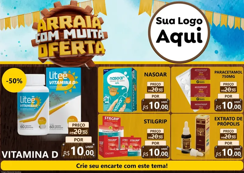 Modelo de Encarte para Encarte A4 Horizontal com o tema Ofertas de São João - Junina para Farmácia