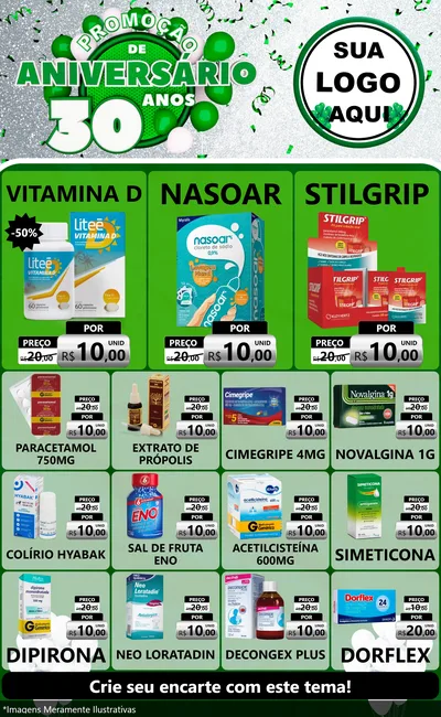 Modelo de Encarte para Encarte Grande com o tema Promoção de Aniversário - 30 Anos para Farmácia