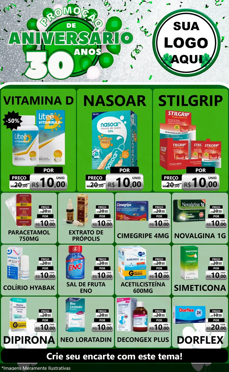 Modelo de Encarte para Encarte Grande com o tema Promoção de Aniversário - 30 Anos para Farmácia