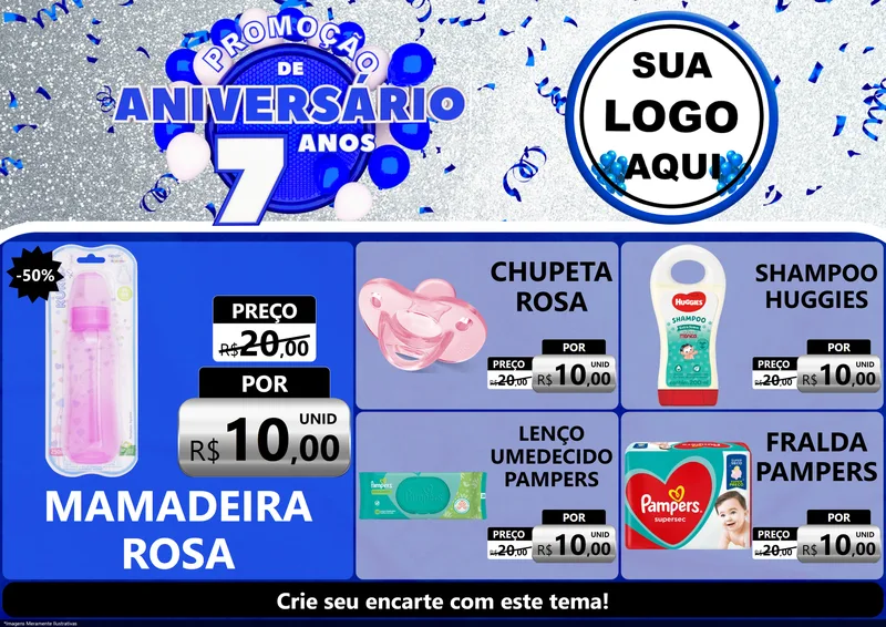 Modelo de Encarte para Encarte A4 Horizontal com o tema Promoção de Aniversário - 7 Anos para Bebês