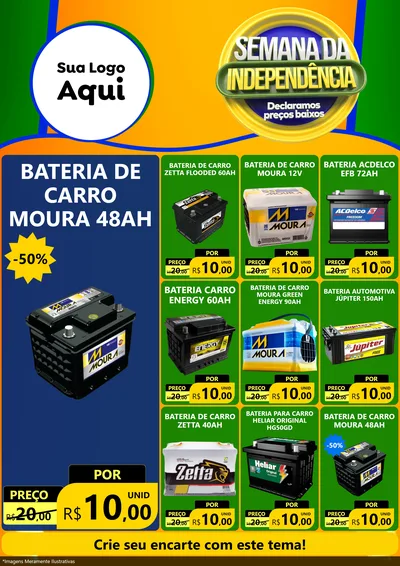 Modelo de Encarte para Encarte A4 Vertical com o tema Semana da Independência Declaramos Preços Baixos para Baterias Elétricas