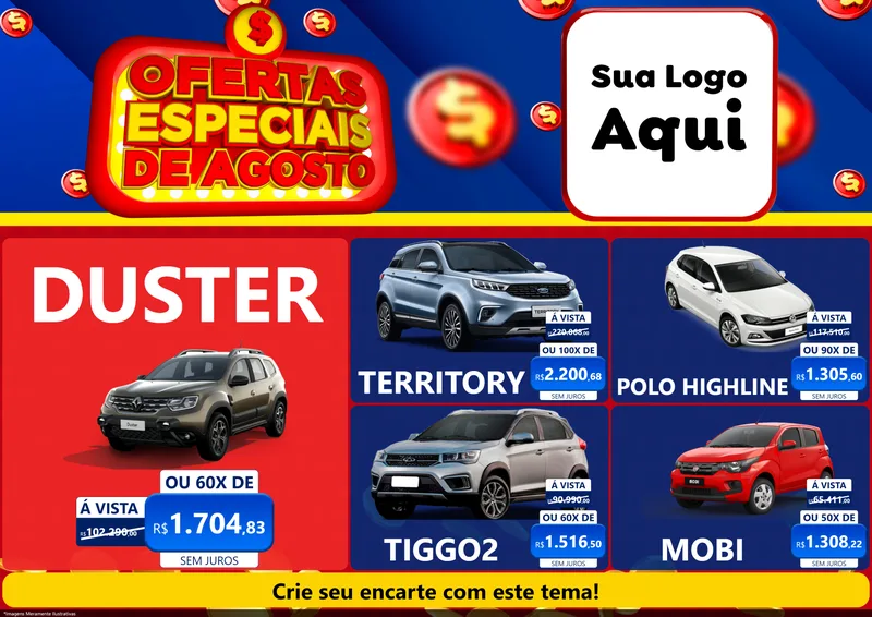 Modelo de Encarte para Encarte A4 Horizontal com o tema Ofertas Especiais de Agosto para Concessionaria de Carros