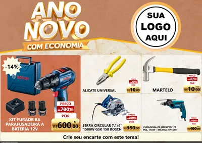 Modelo de Encarte para Encarte A4 Horizontal com o tema Ano Novo Com Economia para Maquinas e Ferramentas