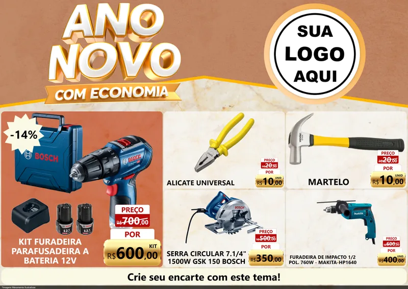 Modelo de Encarte para Encarte A4 Horizontal com o tema Ano Novo Com Economia para Maquinas e Ferramentas
