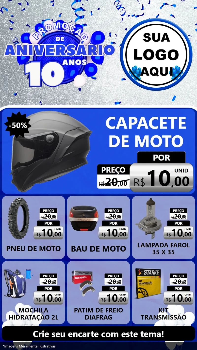 Modelo de Rede Social para Stories com o tema Promoção de Aniversário - 10 Anos para Moto peças
