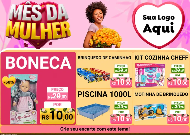 Modelo de Encarte para Encarte A4 Horizontal com o tema Mês da Mulher para Brinquedos