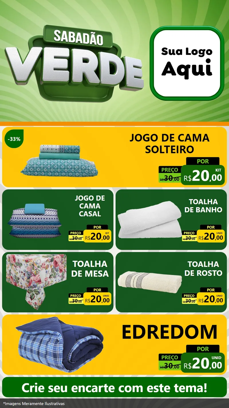 Modelo de TV para TV Vertical com o tema Sabadão Verde para Cama, Mesa e Banho