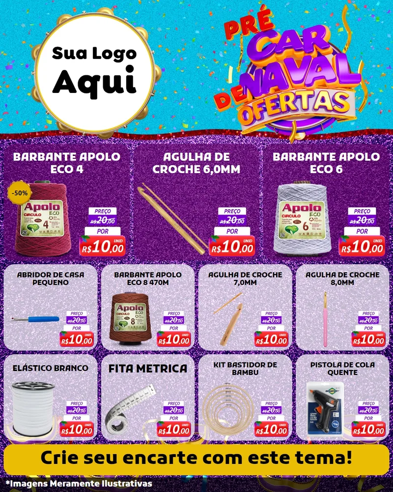 Modelo de Rede Social para Feed Instagram com o tema Pré Carnaval de Ofertas para Armarinho e Aviamentos