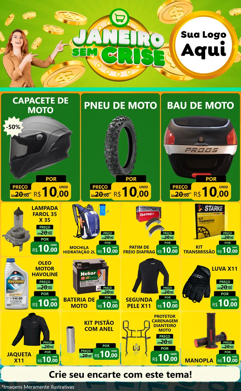 Modelo de Encarte para Encarte Grande com o tema Janeiro Sem Crise para Moto peças