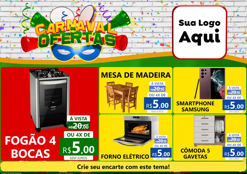 Modelo de Encarte para Encarte A4 Horizontal com o tema Carnaval de Ofertas para Móveis e Eletro
