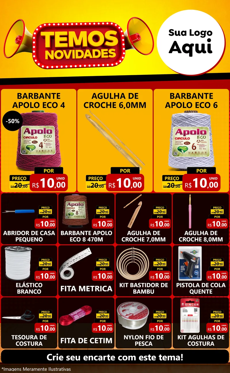 Modelo de Encarte para Encarte Grande com o tema Temos Novidades para Armarinho e Aviamentos