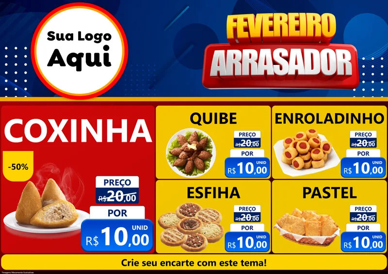 Modelo de Encarte para Encarte A4 Horizontal com o tema Fevereiro Arrasador para Salgadaria