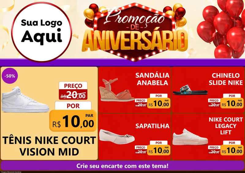 Modelo de Encarte para Encarte A4 Horizontal com o tema Promoção de Aniversário para Calçados