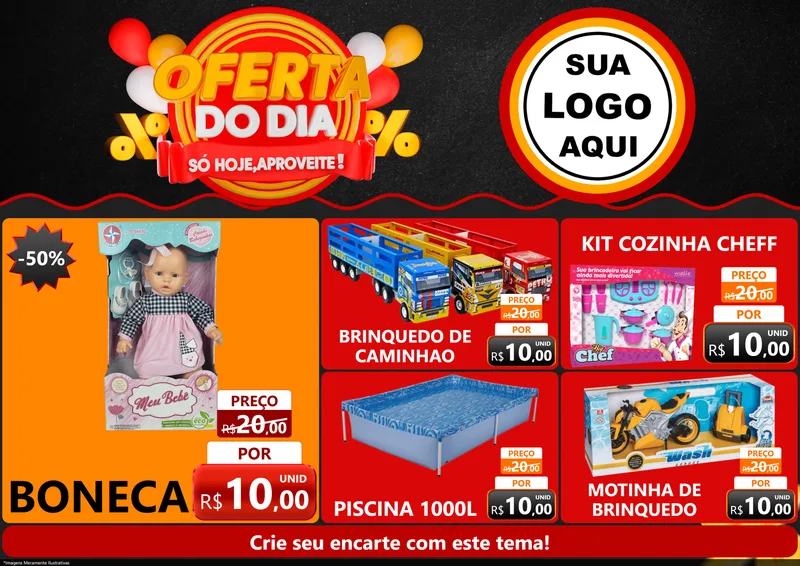 Modelo de Encarte para Encarte A4 Horizontal com o tema Oferta do Dia - Só hoje, Aproveite! para Brinquedos