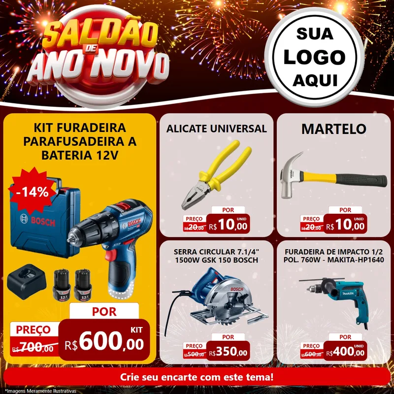 Modelo de Rede Social para Feed Facebook com o tema Saldão de Ano Novo para Maquinas e Ferramentas