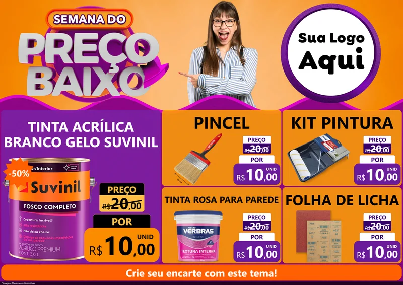 Modelo de Encarte para Encarte A4 Horizontal com o tema Semana do Preço Baixo para Tintas e Ferramentas