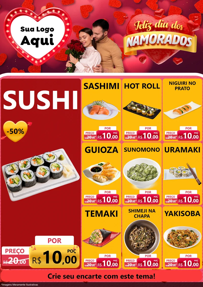 Modelo de Encarte para Encarte A4 Vertical com o tema Feliz Dia Dos Namorados para Comida japonesa
