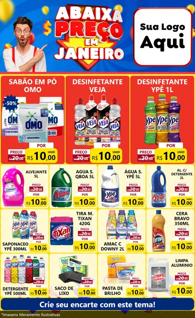 Modelo de Encarte para Encarte Grande com o tema Abaixa Preço em Janeiro para Produtos de Limpeza