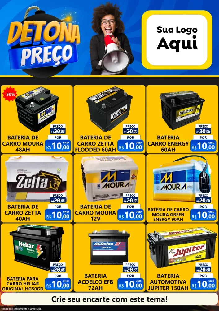 Modelo de Encarte para Encarte A4 Vertical com o tema Detona Preços para Baterias Elétricas