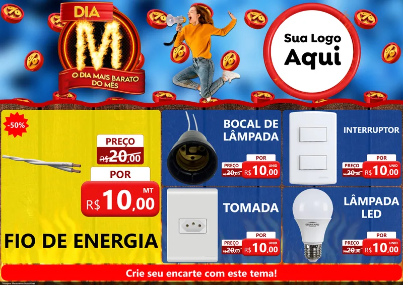 Modelo de Encarte para Encarte A4 Horizontal com o tema Dia M - O Dia Mais Barato Do Mês para Materiais Elétricos