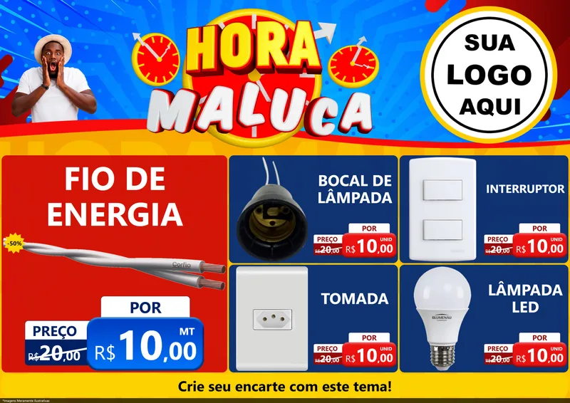 Modelo de Encarte para Encarte A4 Horizontal com o tema Hora Maluca para Materiais Elétricos