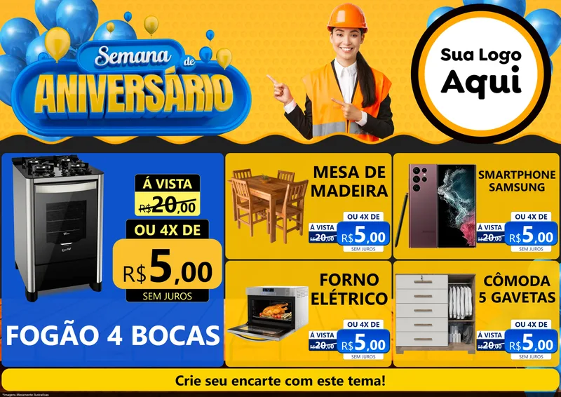 Modelo de Encarte para Encarte A4 Horizontal com o tema Semana de Aniversário para Móveis e Eletro