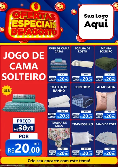 Modelo de Encarte para Encarte A4 Vertical com o tema Ofertas Especiais de Agosto para Cama, Mesa e Banho