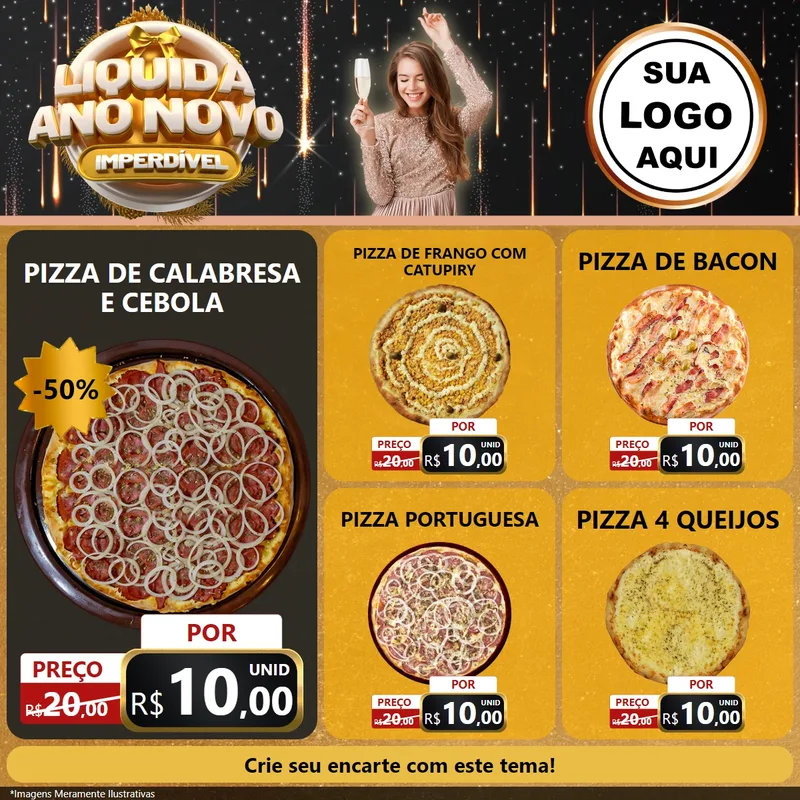 Modelo de Rede Social para Feed Facebook com o tema Liquida Ano Novo Imperdível para Pizzaria