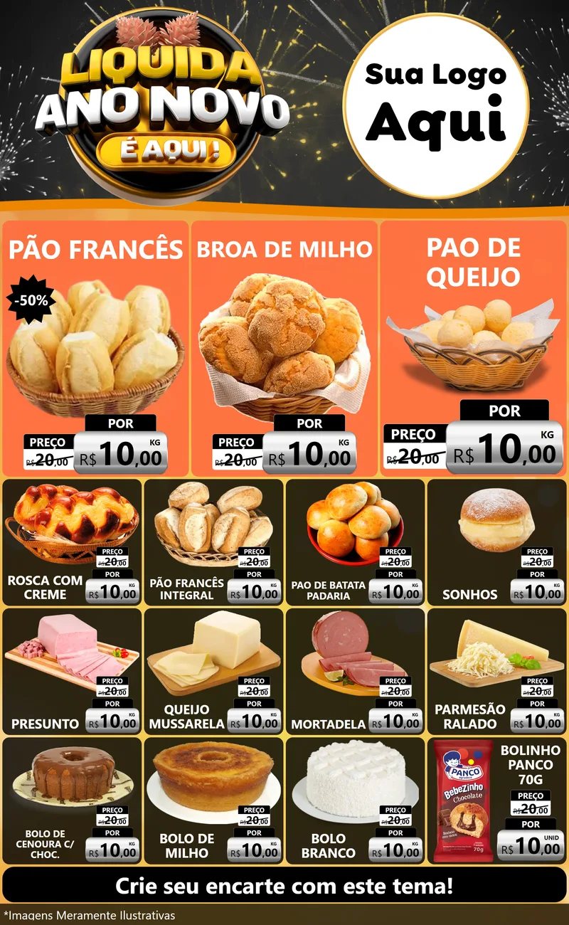 Modelo de Encarte para Encarte Grande com o tema Liquida Ano Novo É Aqui! para Padaria
