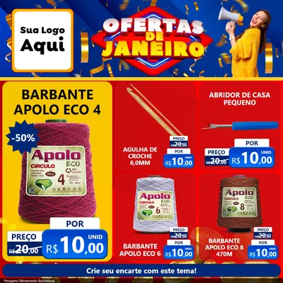 Modelo de Rede Social para Feed Facebook com o tema Ofertas de Janeiro para Armarinho e Aviamentos
