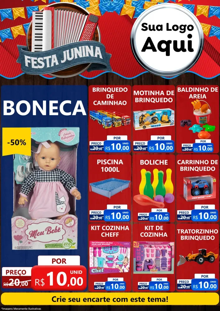Modelo de Encarte para Encarte A4 Vertical com o tema Festa Junina para Brinquedos