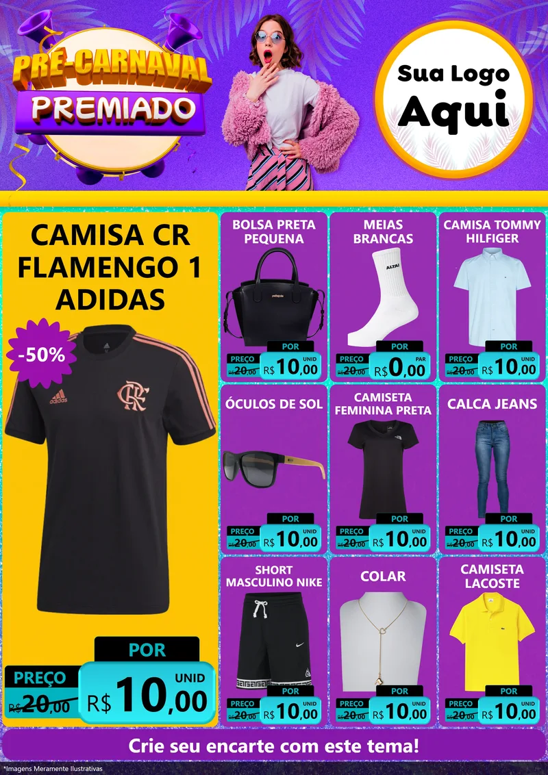 Modelo de Encarte para Encarte A4 Vertical com o tema Pré-Carnaval Premiado para Roupas e acessórios